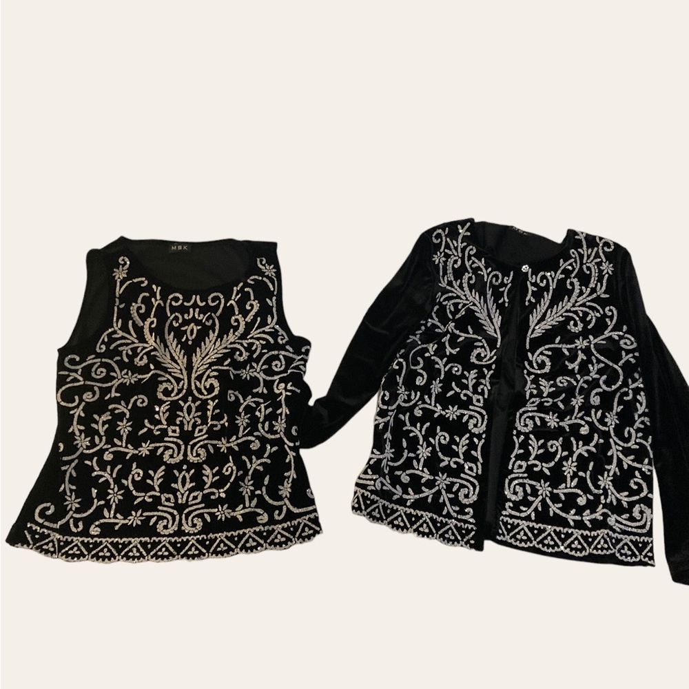 MSK Vintage Black Velvet and White Sequined Cardigan and Tank Set- Eveningwear